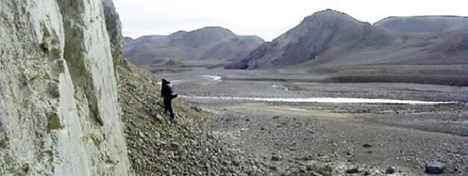 A geologist looking for interesting features on a steep hill.